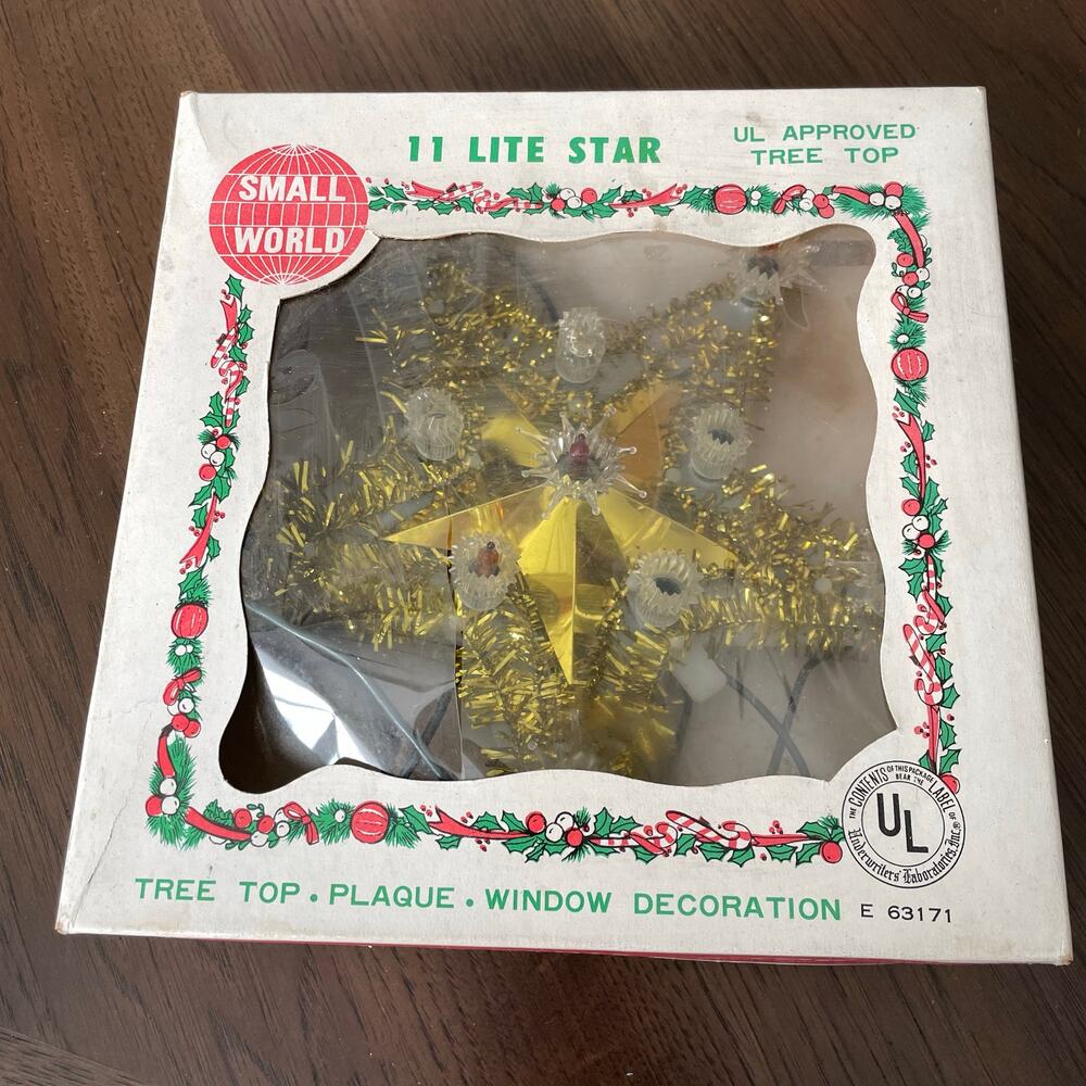 Vintage Tinsel Star Christmas Tree Top Gold Small World Mid Century Not Working